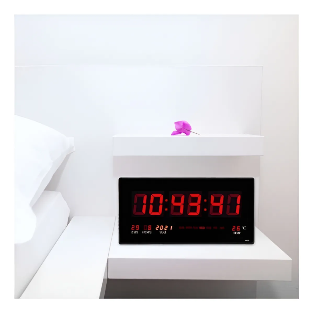 Reloj Digital Pared Luz Led Hora Fecha Temperatura 36x15cm
