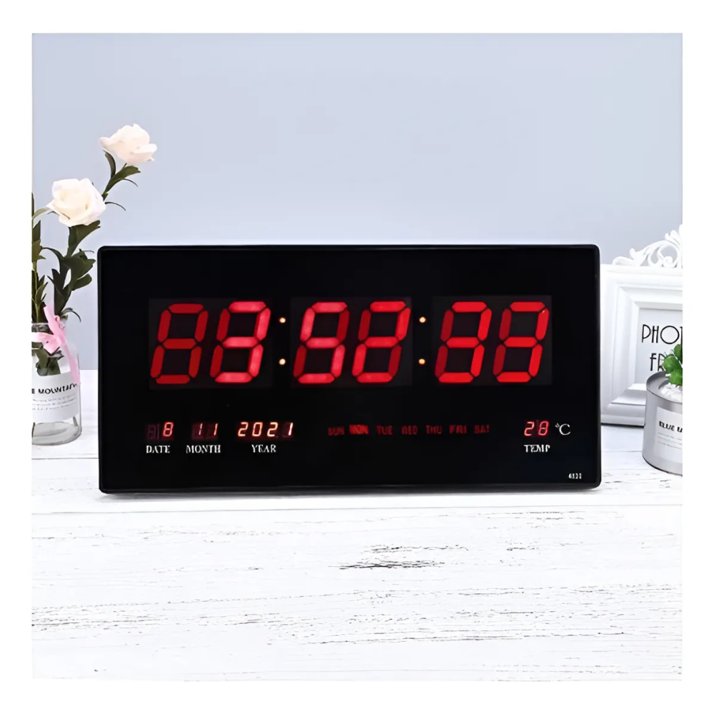 Reloj Digital Pared Luz Led Hora Fecha Temperatura 36x15cm