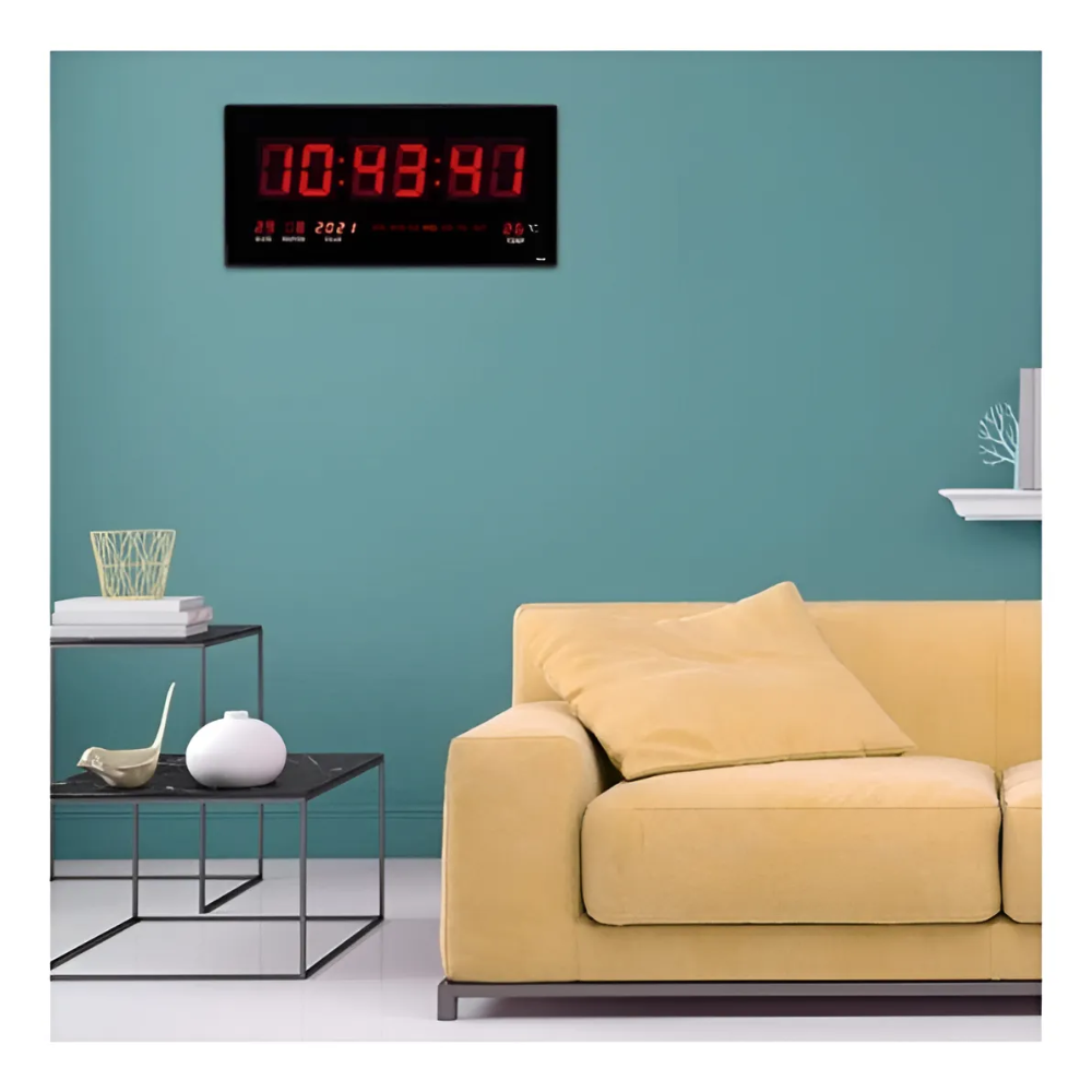 Reloj Digital Pared Luz Led Hora Fecha Temperatura 36x15cm