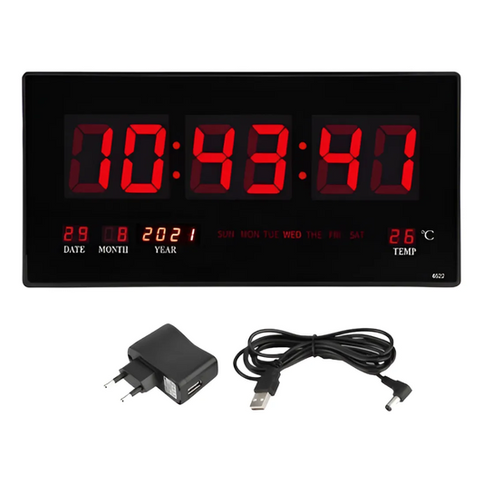 Reloj Digital Pared Luz Led Hora Fecha Temperatura 36x15cm