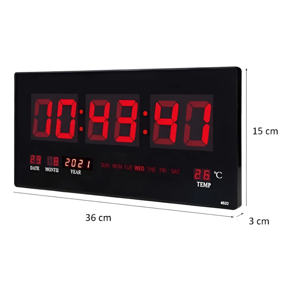 Reloj Digital Pared Luz Led Hora Fecha Temperatura 36x15cm