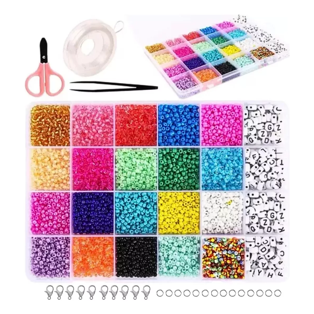 Kit De Pulseras Mostacillas Con Hilo Y Tijeras 24 Colores
