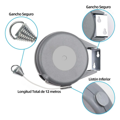 Tendedero Retractil Colgador De Ropa Acero Inoxidable 12 Mts