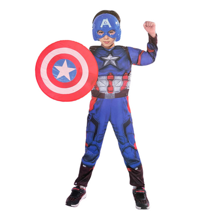 Disfraz Capitan America Musculoso Para Niños Mascara Y Escudo Incluida