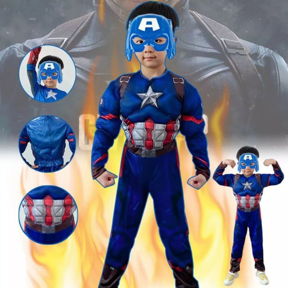 Disfraz Capitan America Musculoso Para Niños Mascara Y Escudo Incluida