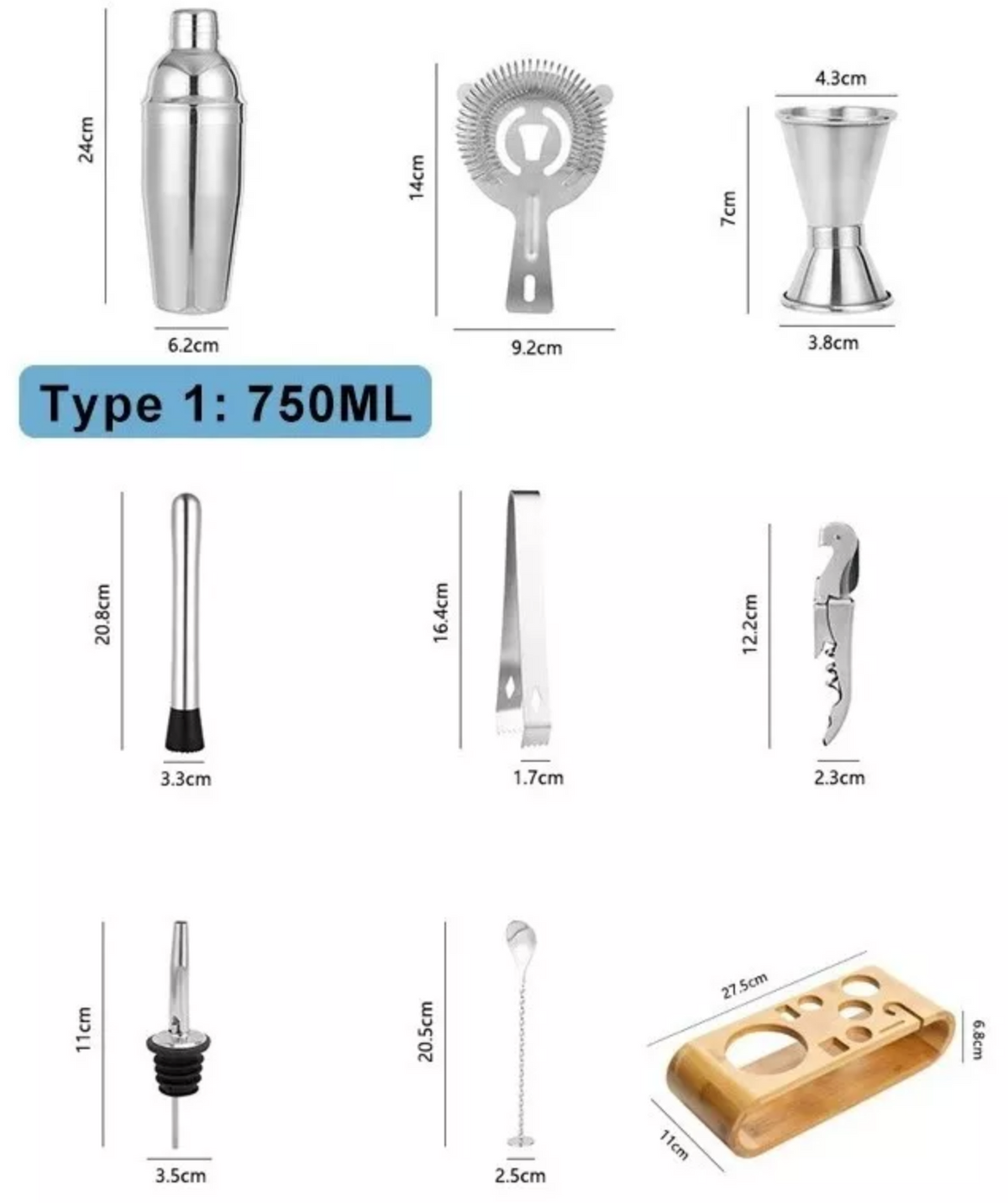 Set Bartender 9pz Set Cocteleria Coctelera Profesional 750ml