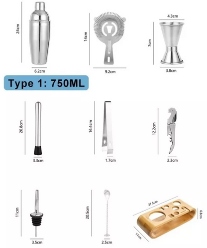 Set Bartender 9pz Set Cocteleria Coctelera Profesional 750ml