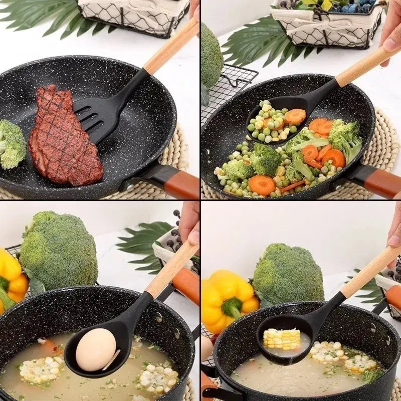 Set 12 Utensilios Cocina Silicona Madera Pinza Cucharones