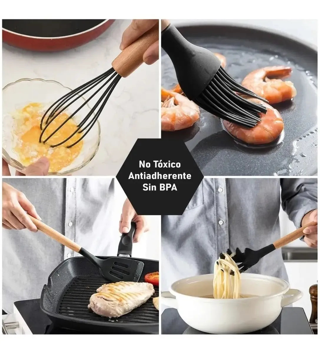 Set 12 Utensilios Cocina Silicona Madera Pinza Cucharones