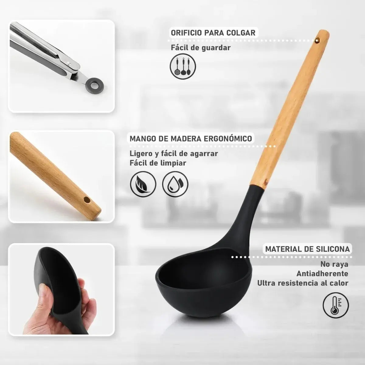 Set 12 Utensilios Cocina Silicona Madera Pinza Cucharones