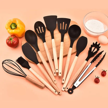 Set 12 Utensilios Cocina Silicona Madera Pinza Cucharones