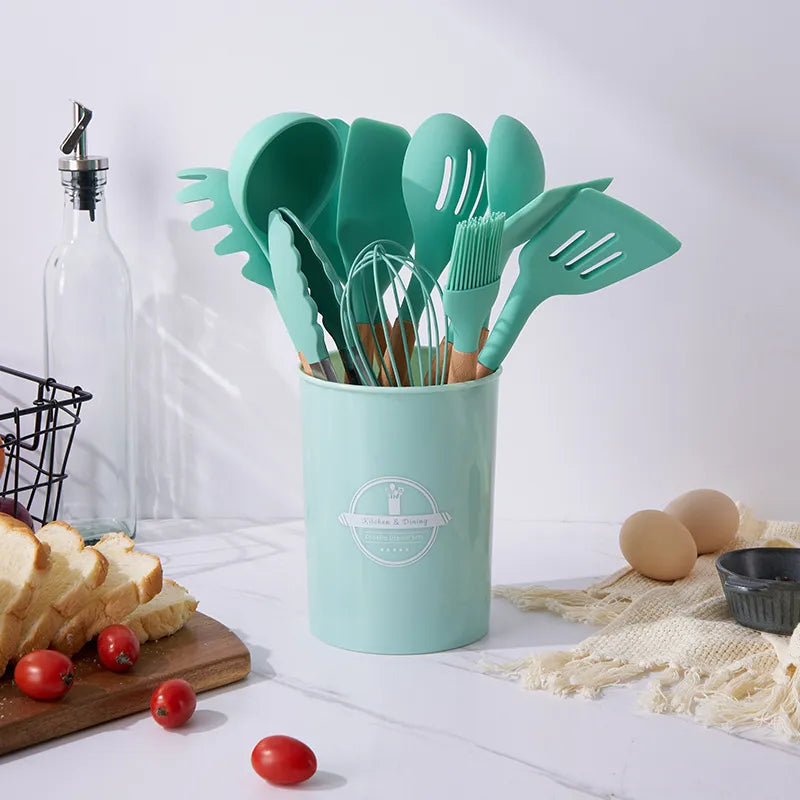 Set 12 Utensilios Cocina Silicona Madera Pinza Cucharones