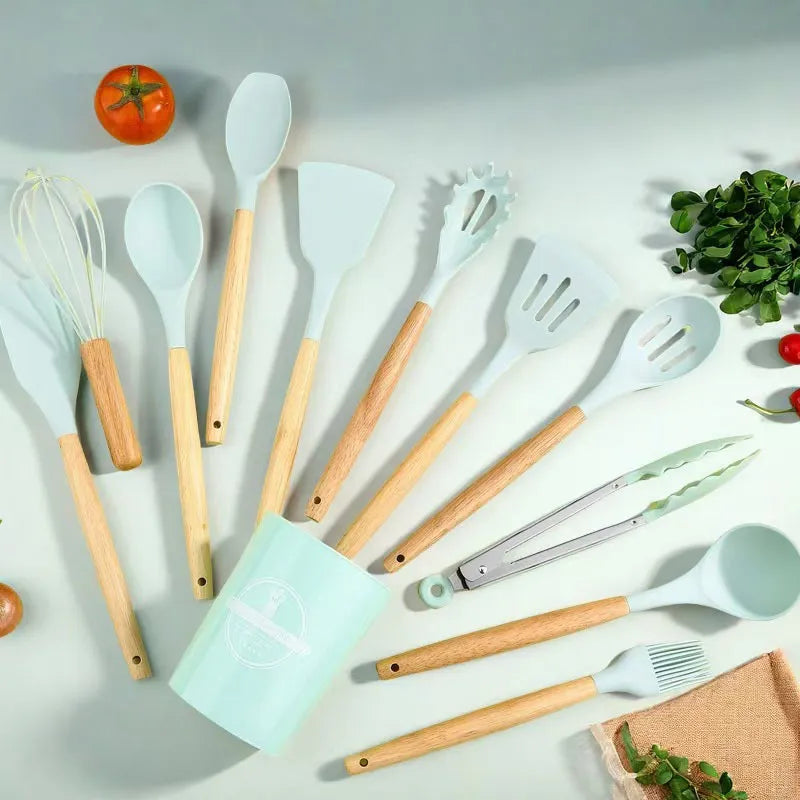 Set 12 Utensilios Cocina Silicona Madera Pinza Cucharones
