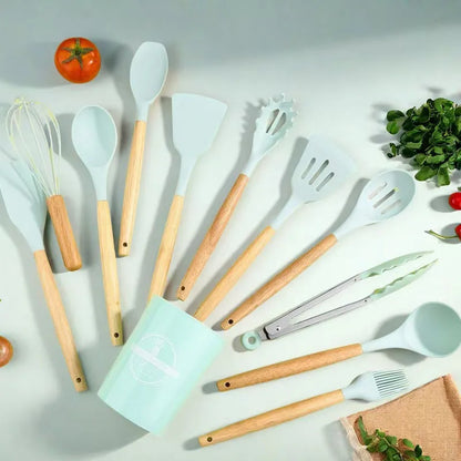 Set 12 Utensilios Cocina Silicona Madera Pinza Cucharones