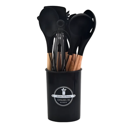 Set 12 Utensilios Cocina Silicona Madera Pinza Cucharones
