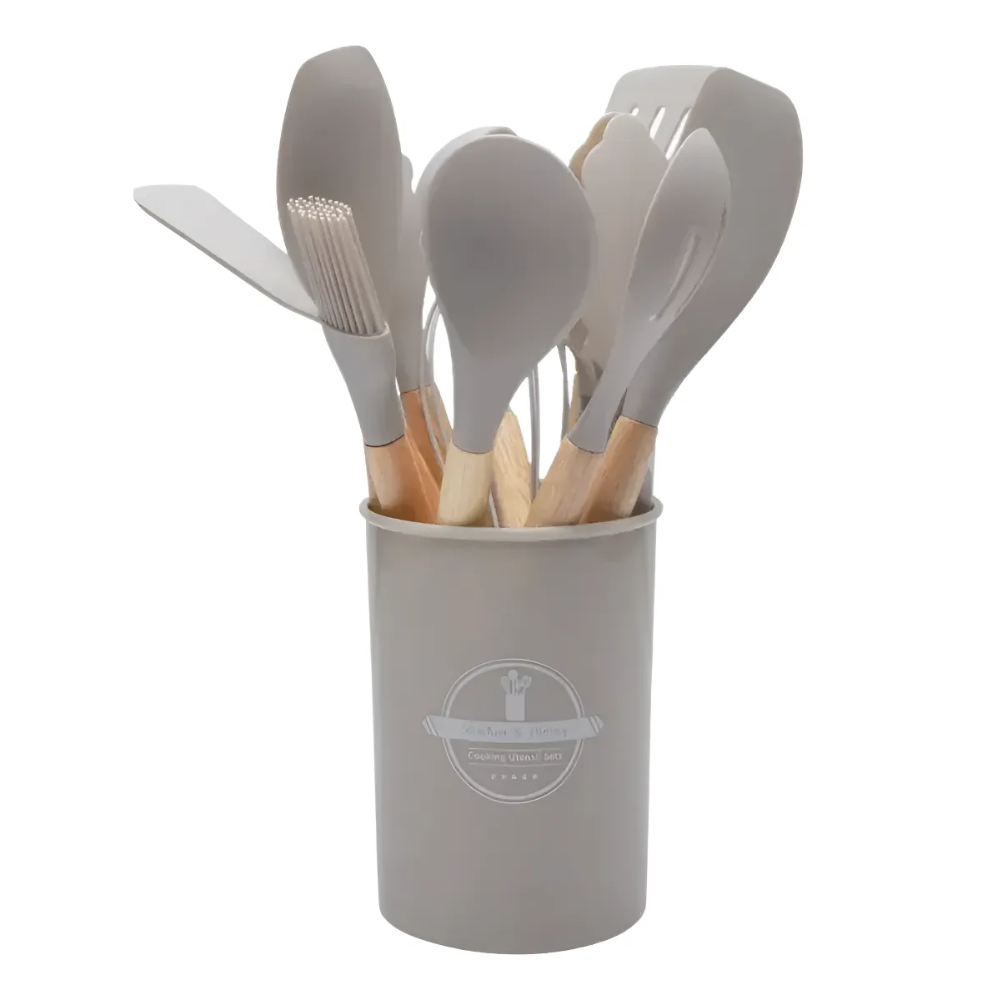 Set 12 Utensilios Cocina Silicona Madera Pinza Cucharones