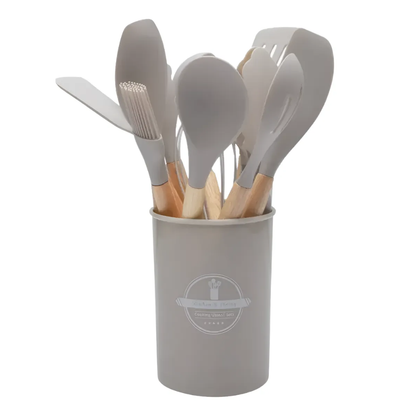 Set 12 Utensilios Cocina Silicona Madera Pinza Cucharones