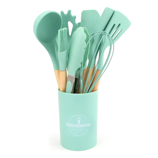 Set 12 Utensilios Cocina Silicona Madera Pinza Cucharones
