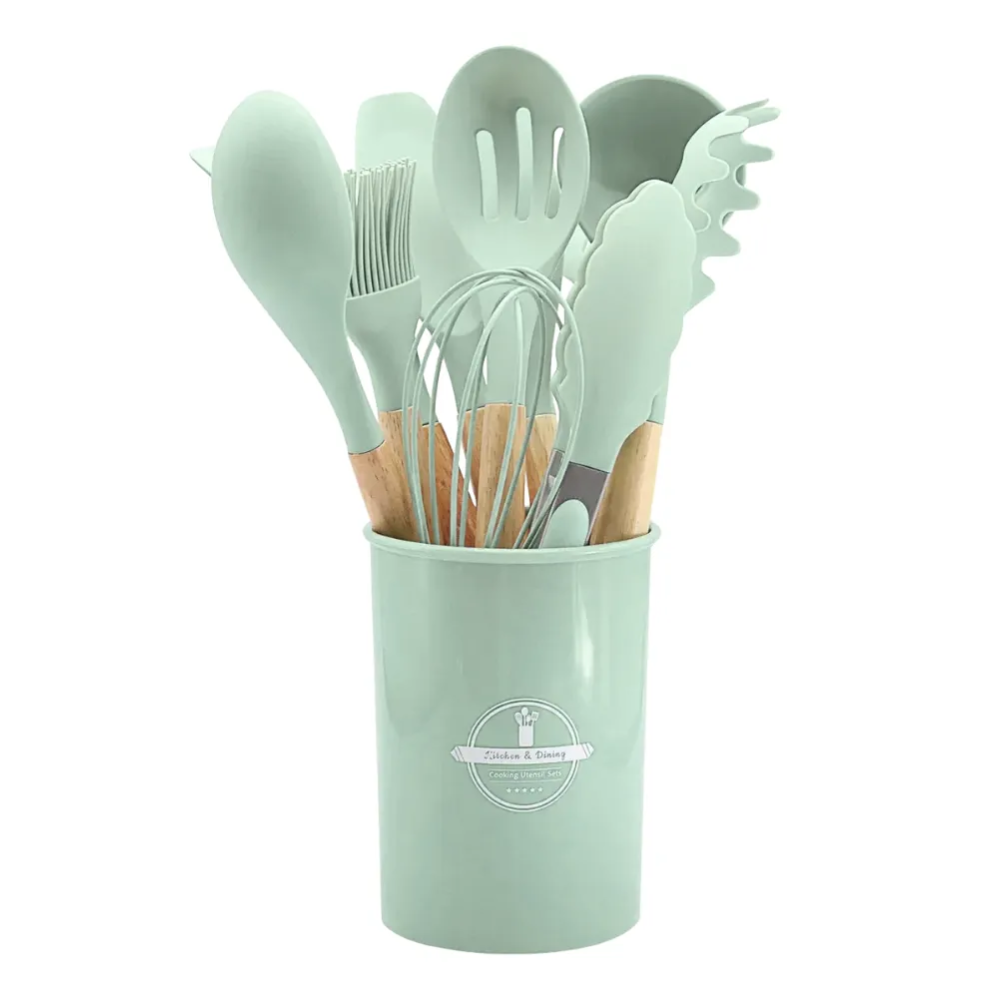 Set 12 Utensilios Cocina Silicona Madera Pinza Cucharones
